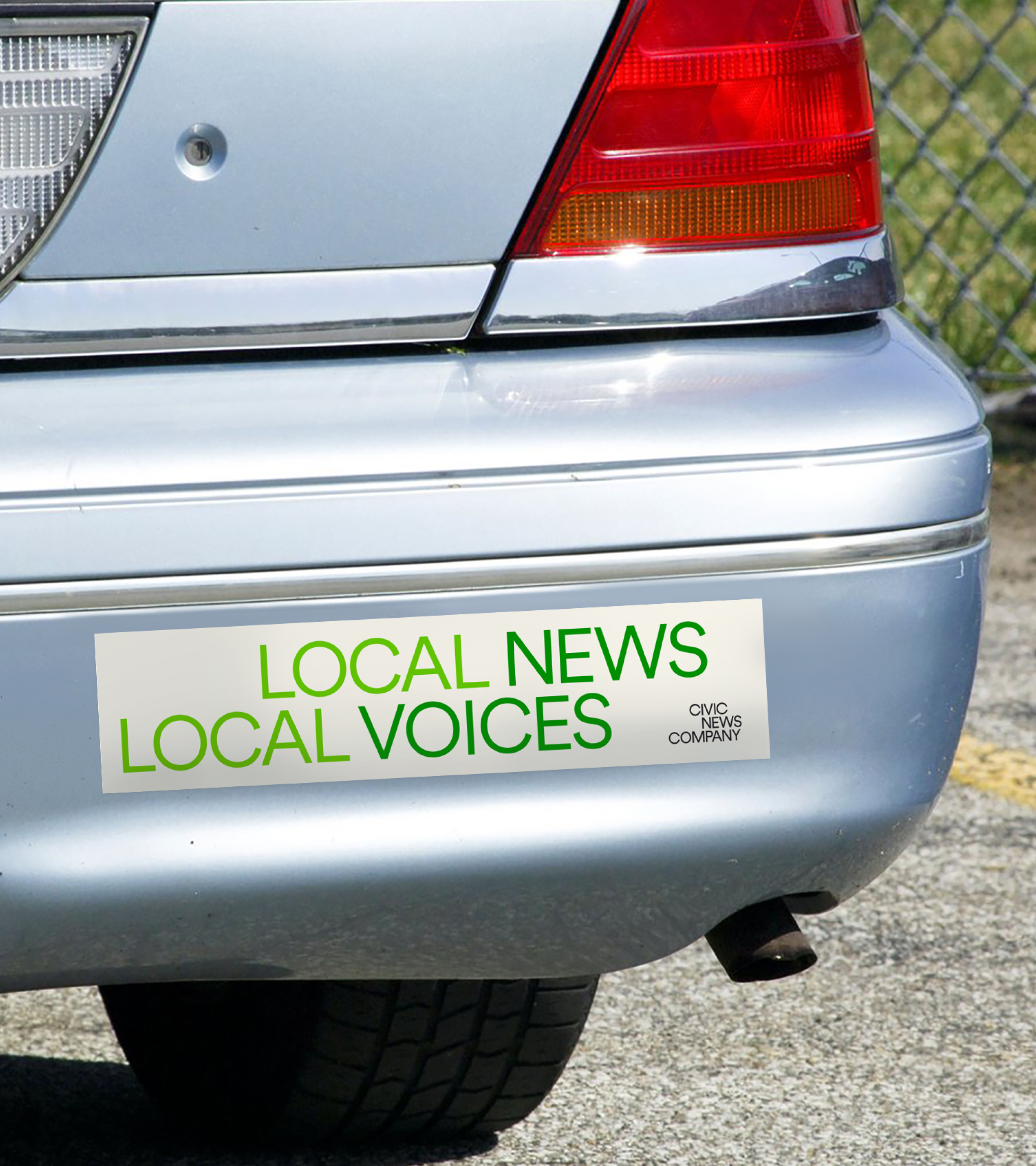 An image of a Civic News Company branded bumper sticker that says “Local news, local voices”