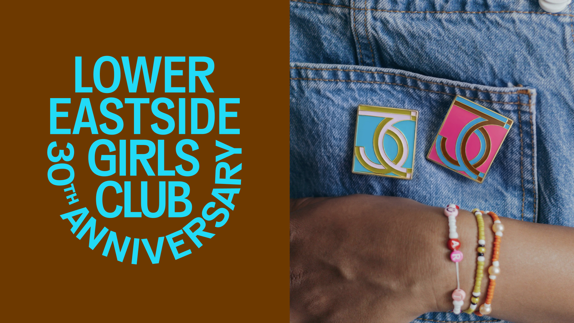 l﻿eft side features a logo lockup for LESGC 30th Anniversary, right side is a close up a young girls overalls with 2 enamel pins featuring the customized 30