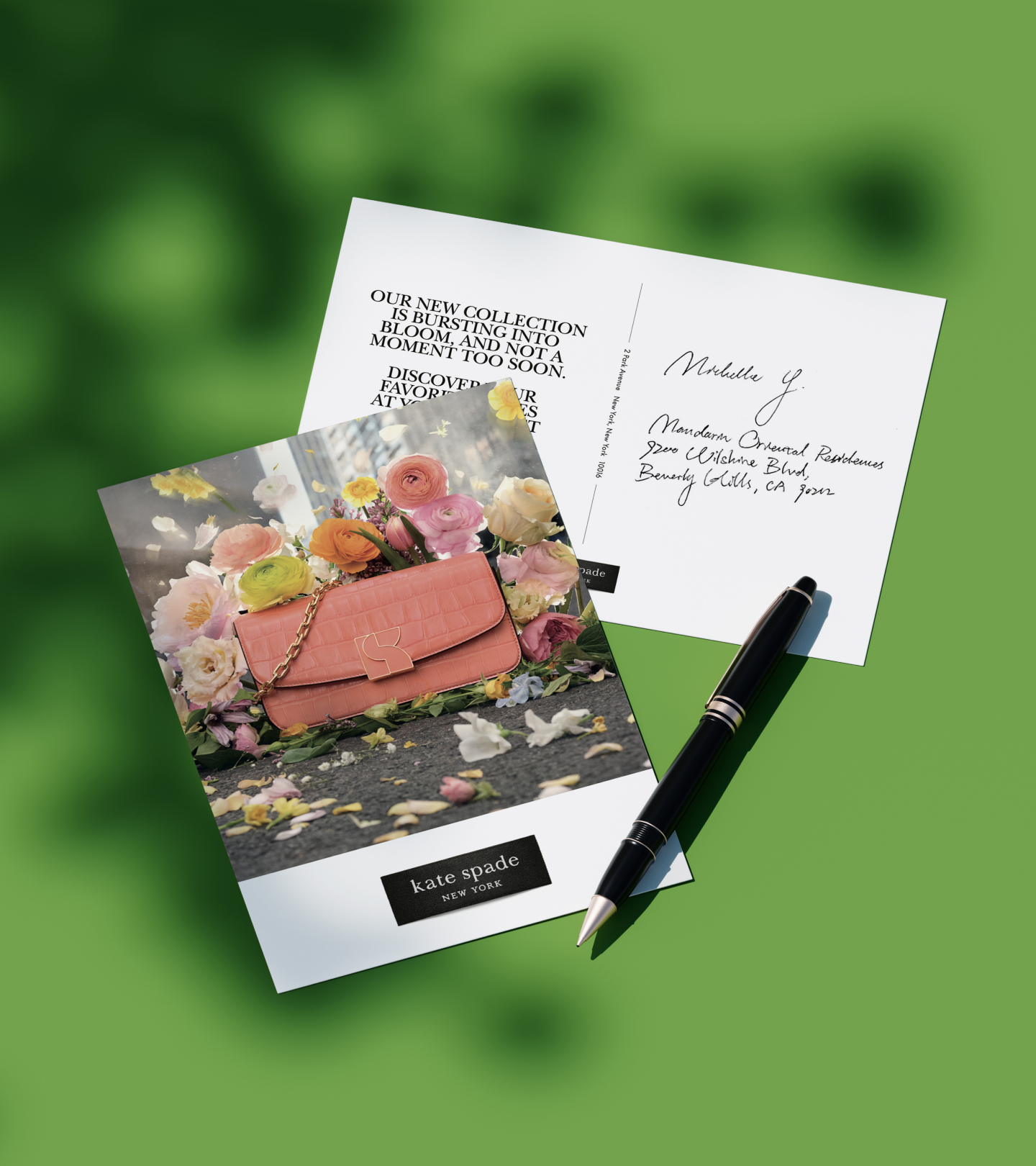 the front and back side of Kate Spade Spring 2024 Campaign postcard design