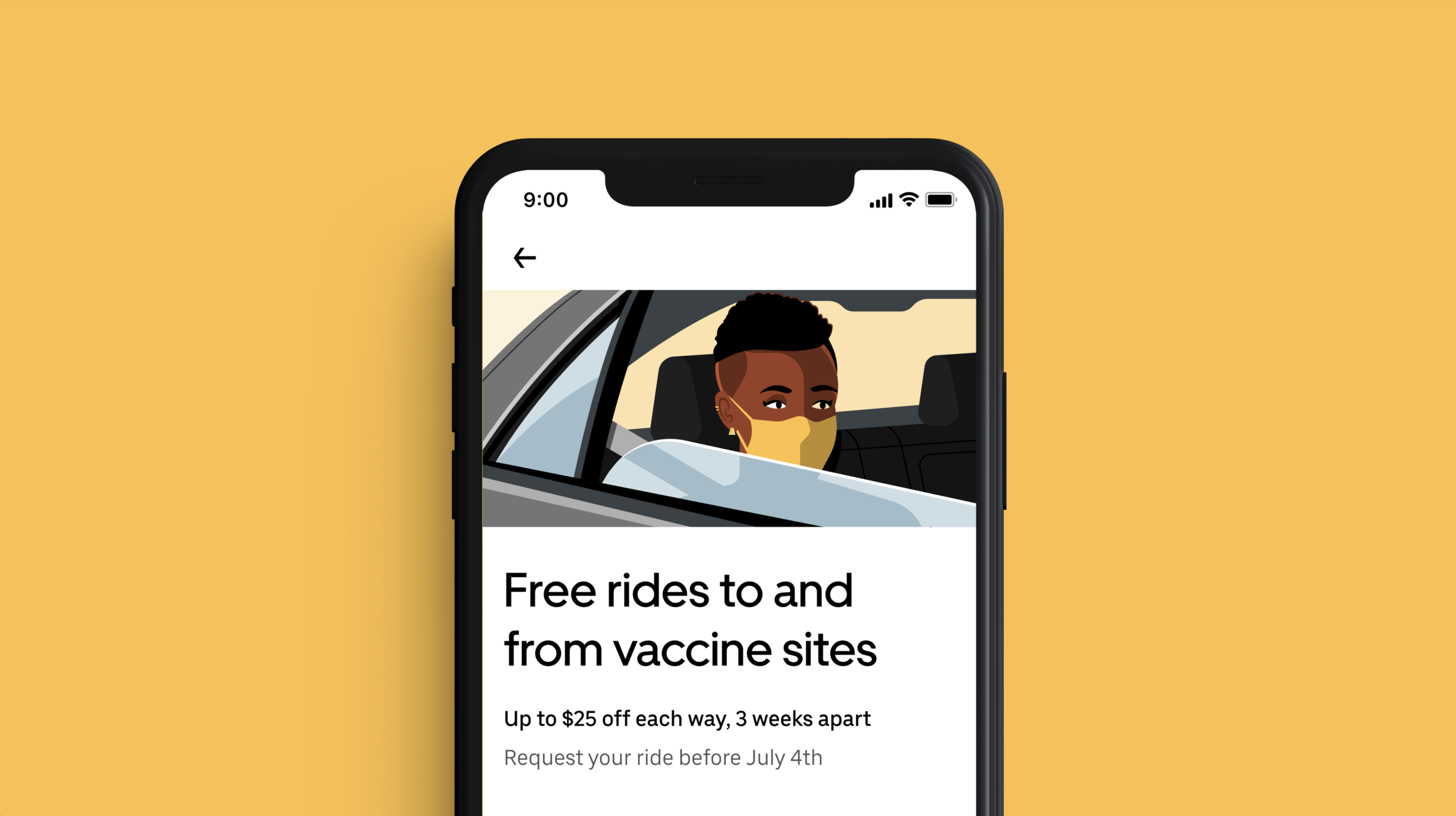 Uber notification displayed on iPhone: “Free rides to and from vaccine sites.”